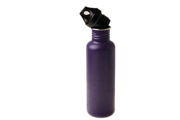 Close up view of purple stainless water bottle with black sport cap. Healthy lifestyle concept,