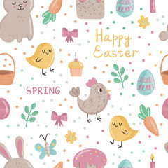 Seamless pattern cute Easter cartoon characters and design elements. Easter bunny, butterfly, pie, chicken, chick, egg and carrot, lettering. Vector illustration on white.