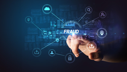 Hand touching FRAUD inscription, Cybersecurity concept