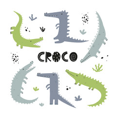 Fototapeta premium Vector hand-drawn color children's simple flat set with crocodiles in Scandinavian style on a white background. Baby crocodiles on a white background. Cute animals. Reptile. Set of crocodiles. 