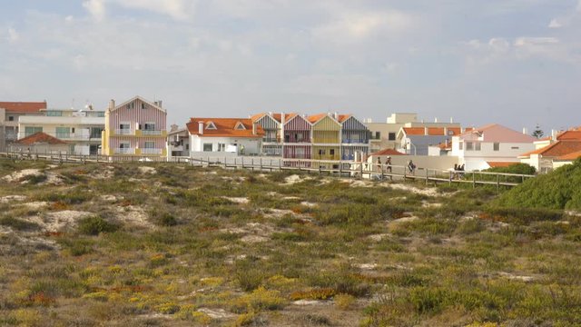 Costa nova beautiful colorful white stripes buildings in Aveiro, Portugal