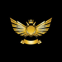 Heraldic Composition with crown, swords, wings, shield and ribbon.