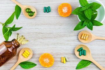 Fototapeta na wymiar Herbal medicine, vitamin and antioxidant supplement, dietary nutrition food for good health