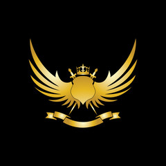 Heraldic Composition with crown, swords, wings, shield and ribbon.