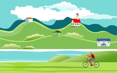 Flat vector illustration of countryside landscape  with cyclist travellers, houses , family houses in small town and mountain in background.