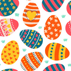 Easter egg seamless background. Cute hand drawn decorated Easter eggs repeating pattern.