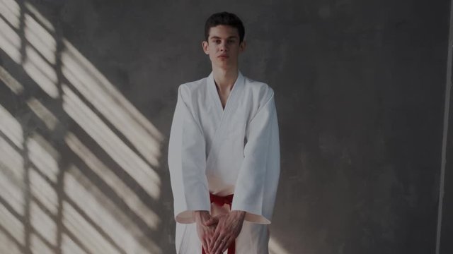 High minded, prideful young taekwondo warrior get ready for the call or fight. Confident boy looks into the lens. Camera moves and zoom in to face. Skills of korean fighters.