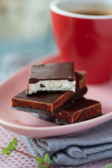 Soft marshmallow, meringue or milk soufflé covered with chocolate