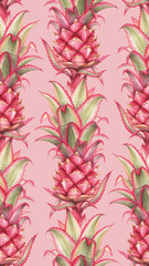 Red pineapple seamless pattern. Juicy tropical fruit watercolor background.