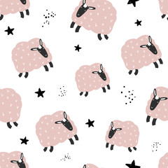 Vector seamless repeating hand-drawn color kids flat pattern with cute lambs, dots and stars in Scandinavian style on a white background. Baby seamless pattern with sheep. Cute baby animals.
