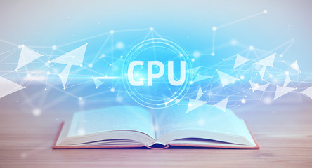 Open book with CPU abbreviation, modern technology concept