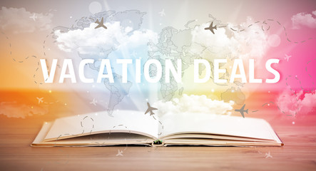 Open book with VACATION DEALS inscription, vacation concept