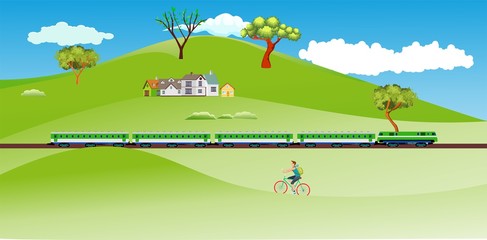 Flat vector illustration of countryside landscape with train, houses , family houses in small town and mountain in background.