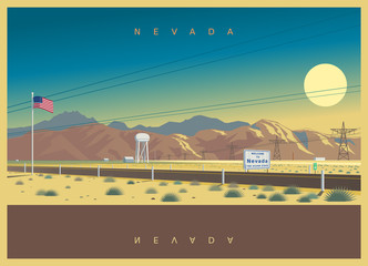 Evening landscape of Nevada, USA. Symbolic vector illustration of an interstate highway of the American South State