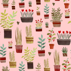 Seamless pattern flowers in pots. Hand watercolor illustration. Design for wallpaper, fabric, textile, websites, shops, labels.