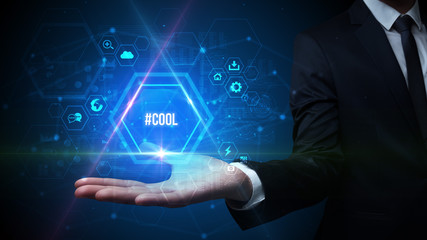 Man hand holding #COOL inscription, social media concept