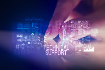 Finger touching tablet with web technology icons and TECHNICAL SUPPORT inscription