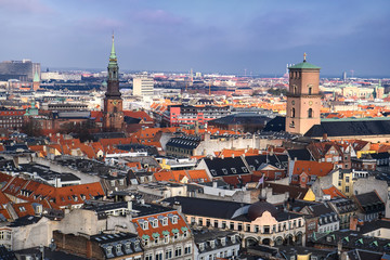 Naklejka na ściany i meble Aerial view of Copenhagen from the top of tower of Copenhagen City Hall. Copenhagen, Denmark. February 2020