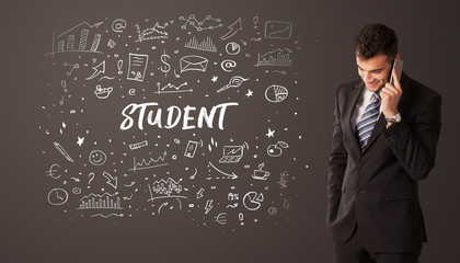 Businessman thinking with STUDENT inscription, business education concept