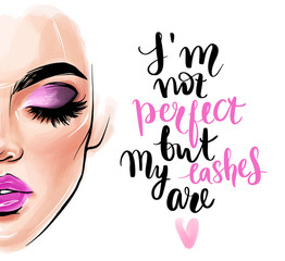 Vector beautiful woman face and quote about lashes.