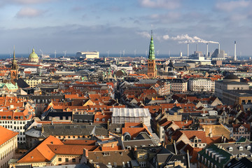 Fototapeta na wymiar Aerial view of Copenhagen from the top of tower of Copenhagen City Hall. Copenhagen, Denmark. February 2020