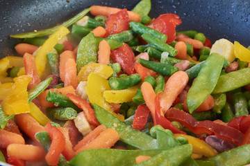 Defrosting natural vegetables in a frying pan