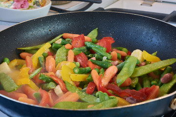 Vegetarian vegetables are cooked in a pan