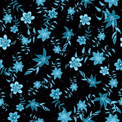 Night garden seamless vector pattern with blue flowers on black background. Decorative moody surface print design. Great for fashion fabrics, home decor, stationery, packaging,