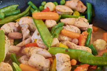 Vegetables with chicken meat in a pan