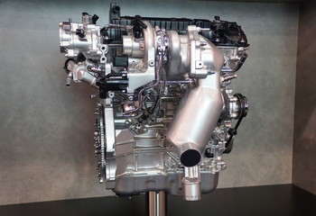 Close up of a clean automobile engine and parts