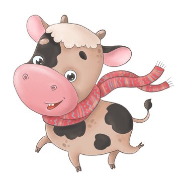 Cute little bull-calf in a scarf and stars on its horns runs cheerfully