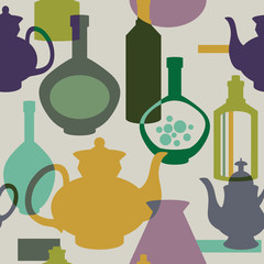 Materiał do szycia Vector seamless pattern with bottles and kettles