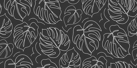 Continuous line monstera leaf. Tropical leaves contour drawing - obrazy, fototapety, plakaty