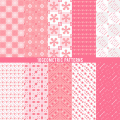 Seamless geometric patterns set collection of 10 Pink Color, Endless texture can be used for sweet romantic wallpaper or wrapping paper.
