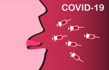 COVID-19 CONCEPT. Corona Virus spread by saliva or droplets. Syringe represent a disease spread out from cough. On red background.