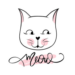 Vector cute cat illustration. Hand drawn Stylish kitten. Doodle Kitty. Meow lettering.