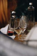 White and rose wine tasting close up view. Drop wine carafe.