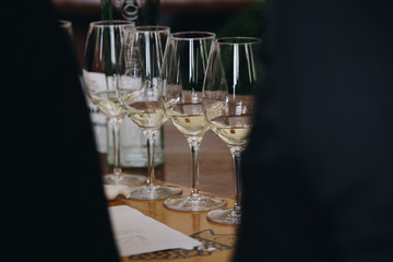 White and rose wine tasting close up view. Drop wine carafe.