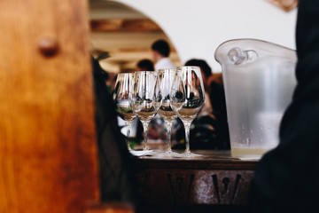 White and rose wine tasting close up view. Drop wine carafe.