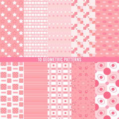 Seamless geometric patterns set collection of 10 Pink Color, Endless texture can be used for sweet romantic wallpaper or wrapping paper.