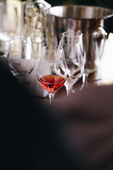 White and rose wine tasting close up view. Drop wine carafe.