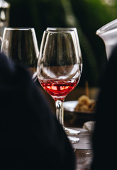 White and rose wine tasting close up view. Drop wine carafe.