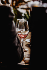 White and rose wine tasting close up view. Drop wine carafe.