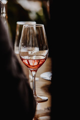 White and rose wine tasting close up view. Drop wine carafe.