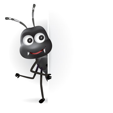 Vector illustration of black ant cartoon with blank sign.