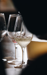 White and rose wine tasting close up view. Drop wine carafe.