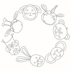 Wreath of cute icons set of animals head of rabbit, bear, giraffe, owl, unicorn, sheep and koala.Vector flat illustration in doodle style isolated on white background.