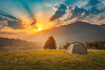 Camping on the hills at sunrise