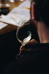 White and rose wine tasting close up view. Drop wine carafe.