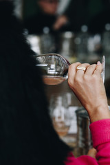 White and rose wine tasting close up view. Drop wine carafe.